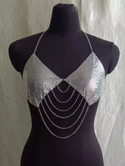 Silver chainmail halter cami top with chain drapes, front view on mannequin