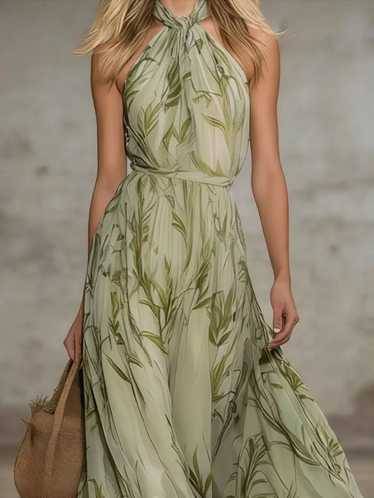 Close view of the leaf-print chiffon dress's halter neckline and gathered bodice.