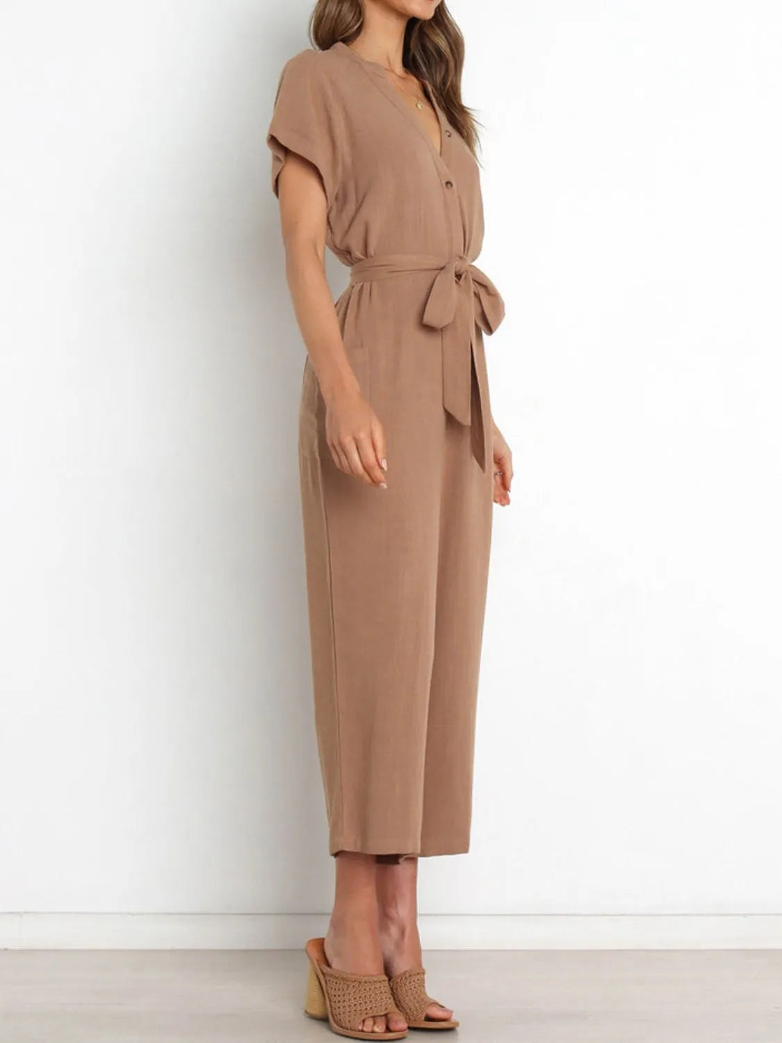 Women's notched short-sleeve tie-waist jumpsuit, camel side view