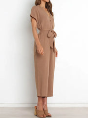 Women's notched short-sleeve tie-waist jumpsuit, camel side view