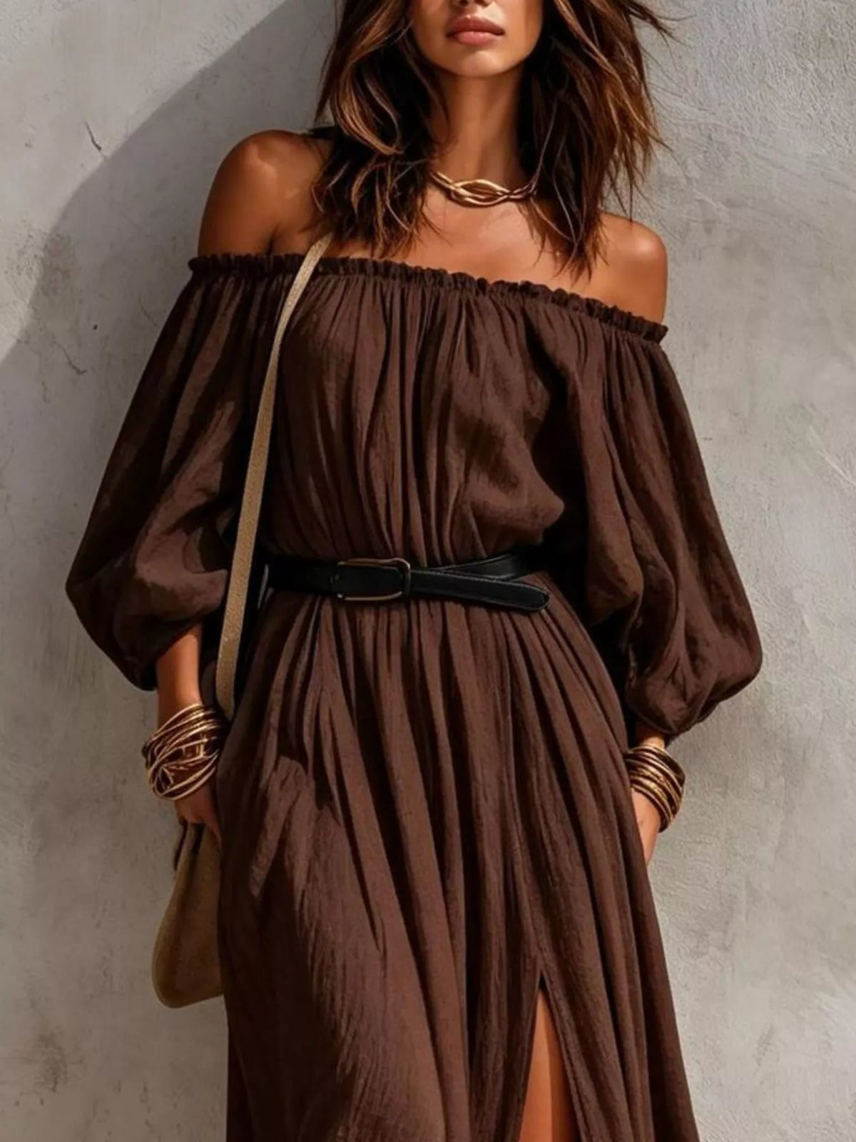 Close-up of dark brown maxi dress neckline, sleeves and belted waist
