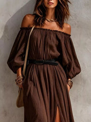 Close-up of dark brown maxi dress neckline, sleeves and belted waist