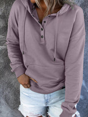 Women’s plus-size kangaroo-pocket drawstring hoodie in mauve hoodie pocket detail