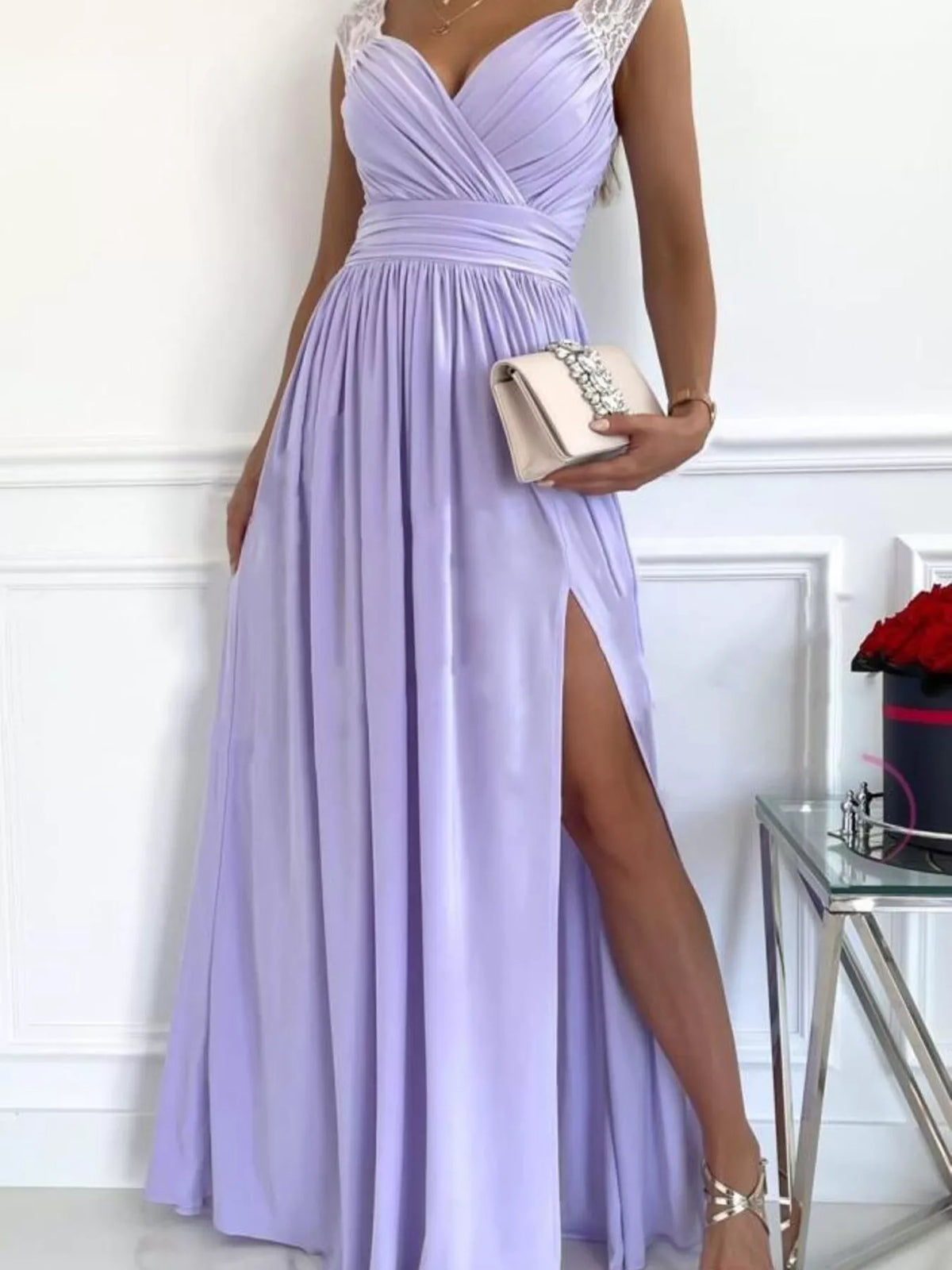 Lavender lace-detail maxi dress with crossover neckline and high slit