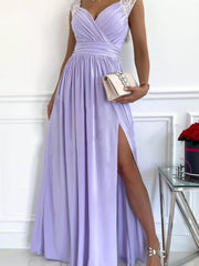 Lavender lace-detail maxi dress with crossover neckline and high slit