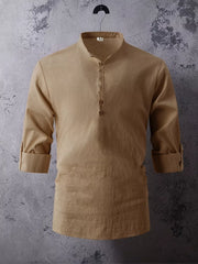 Tan button-detail shirt displayed on hanger