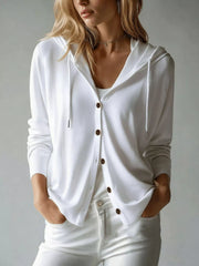 White hooded button-down cardigan with drawstrings, modeled front view