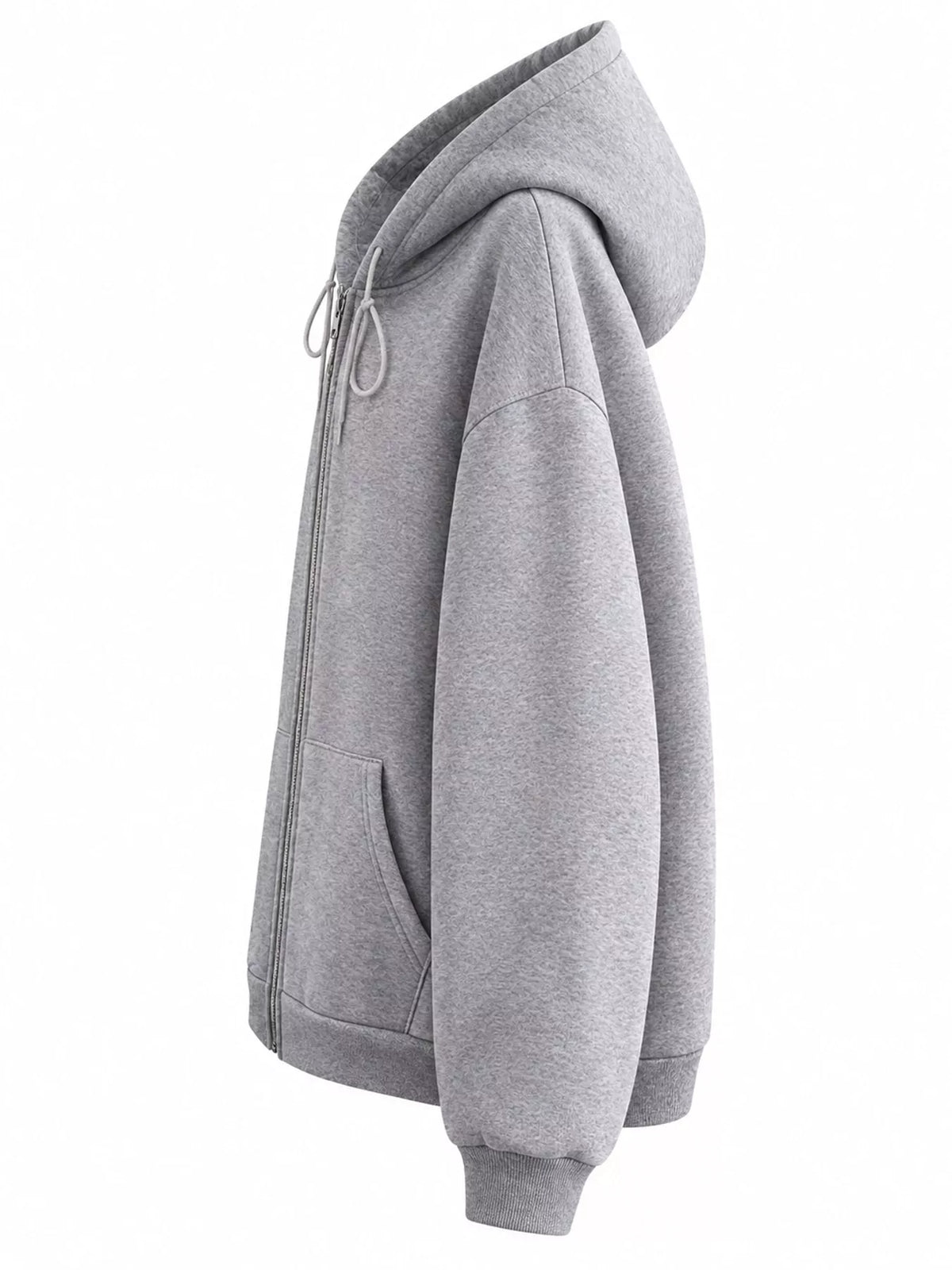 Side view of the gray hoodie showing its hood profile and roomy sleeve
