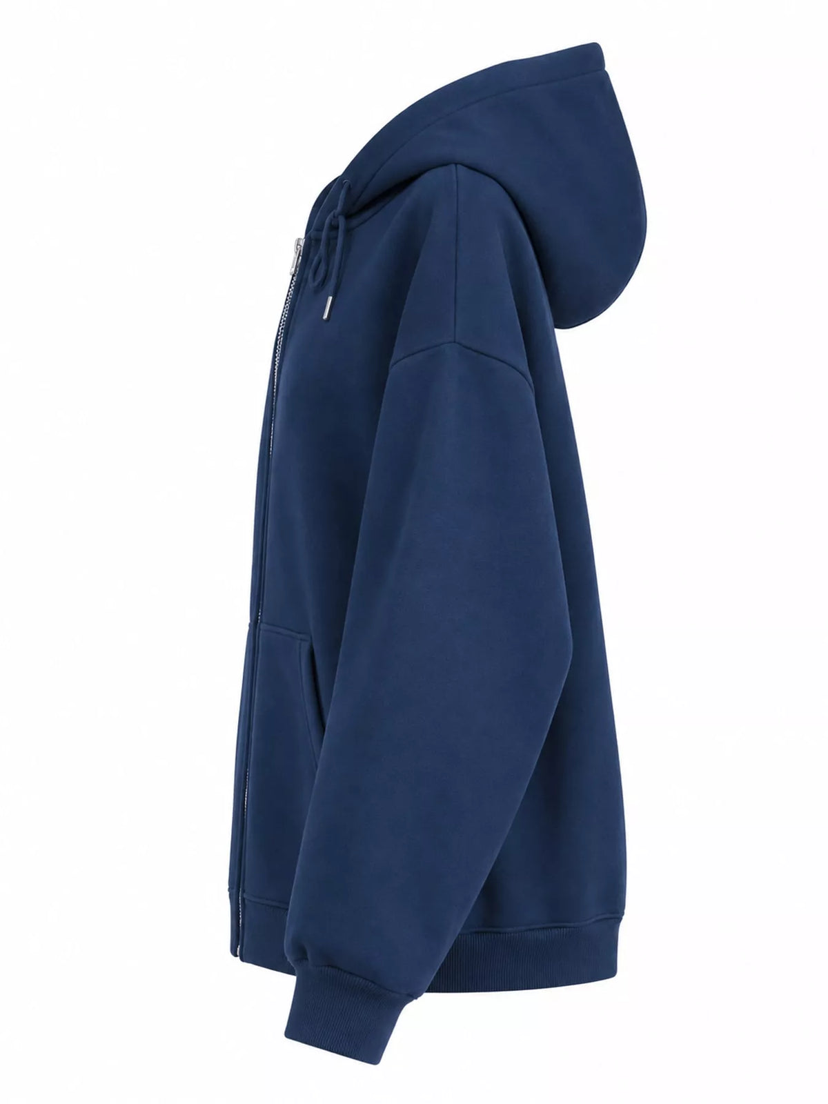 Side view of the navy hoodie showing its hood profile and relaxed sleeve