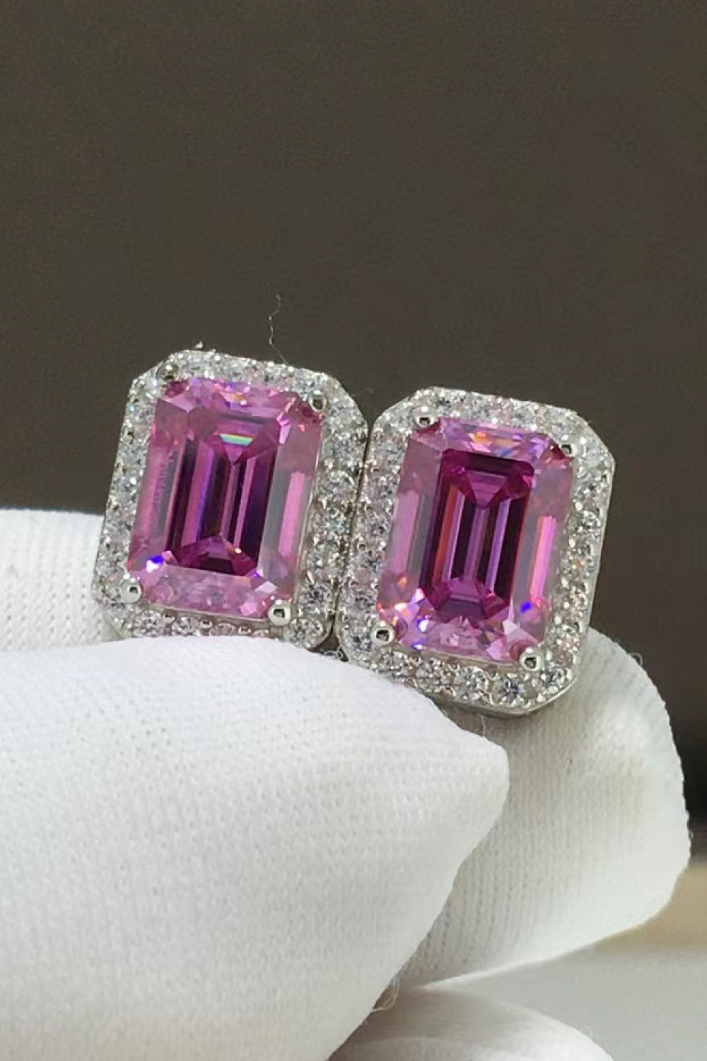 Shiny and Elegant 2 Carat Moissanite Stud Earrings — Front view of rose-colored geometric moissanite studs