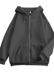 Front view of the charcoal hoodie with full zipper and kangaroo pockets