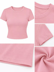 Pink crew-neck crop T-shirt, close-up views of neckline, sleeve, hem and fabric details.