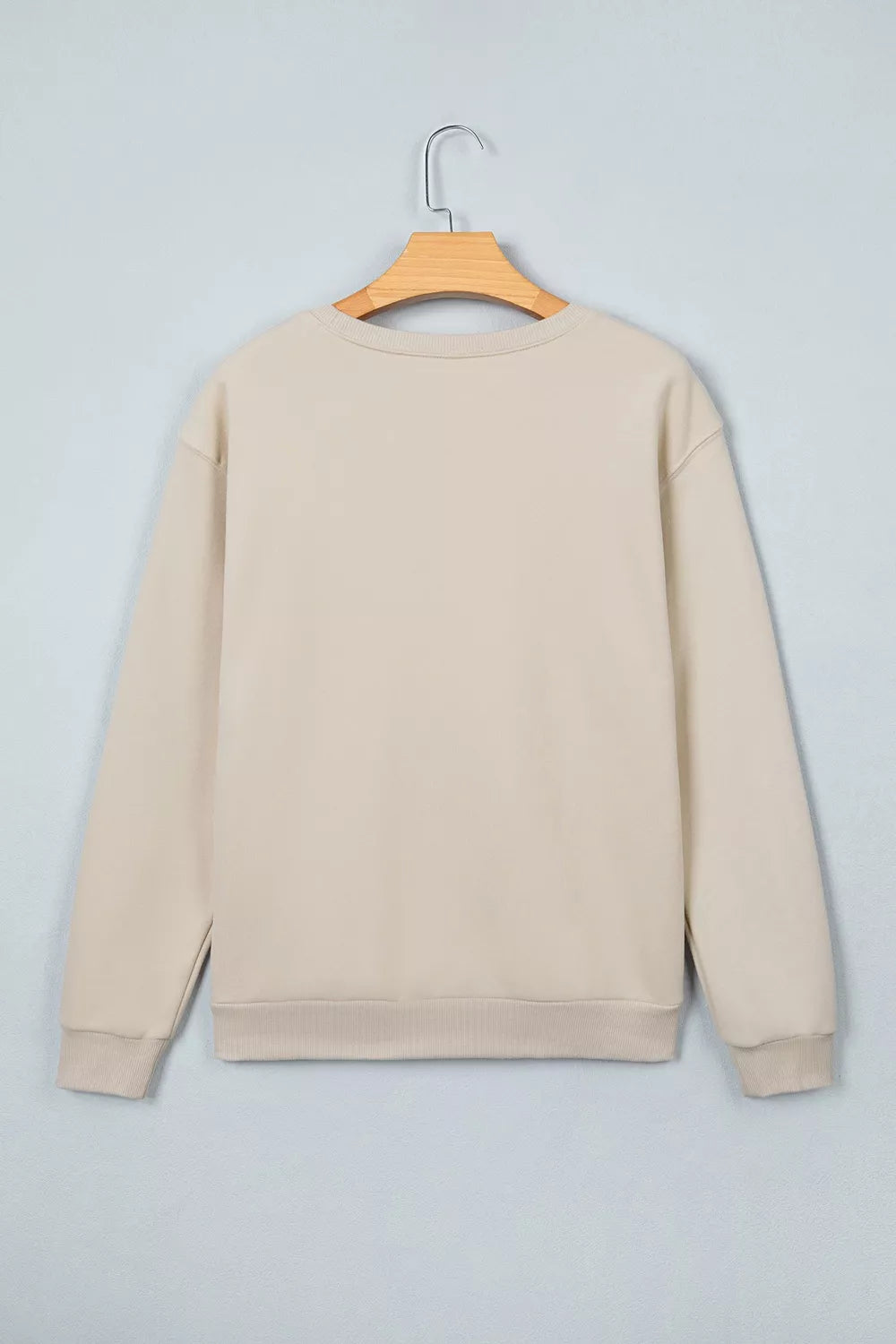 Back view of plain beige sweatshirt on hanger