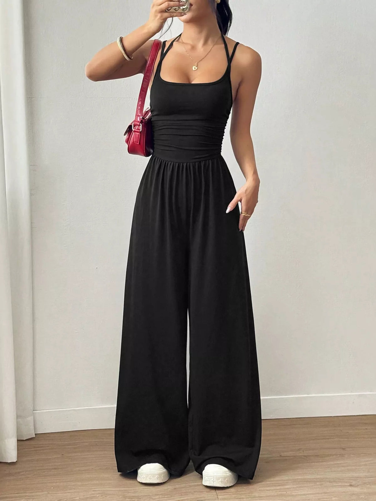 Women's spaghetti-strap wide-leg jumpsuit, black front full-length view