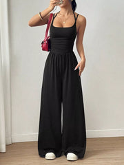 Women's spaghetti-strap wide-leg jumpsuit, black front full-length view