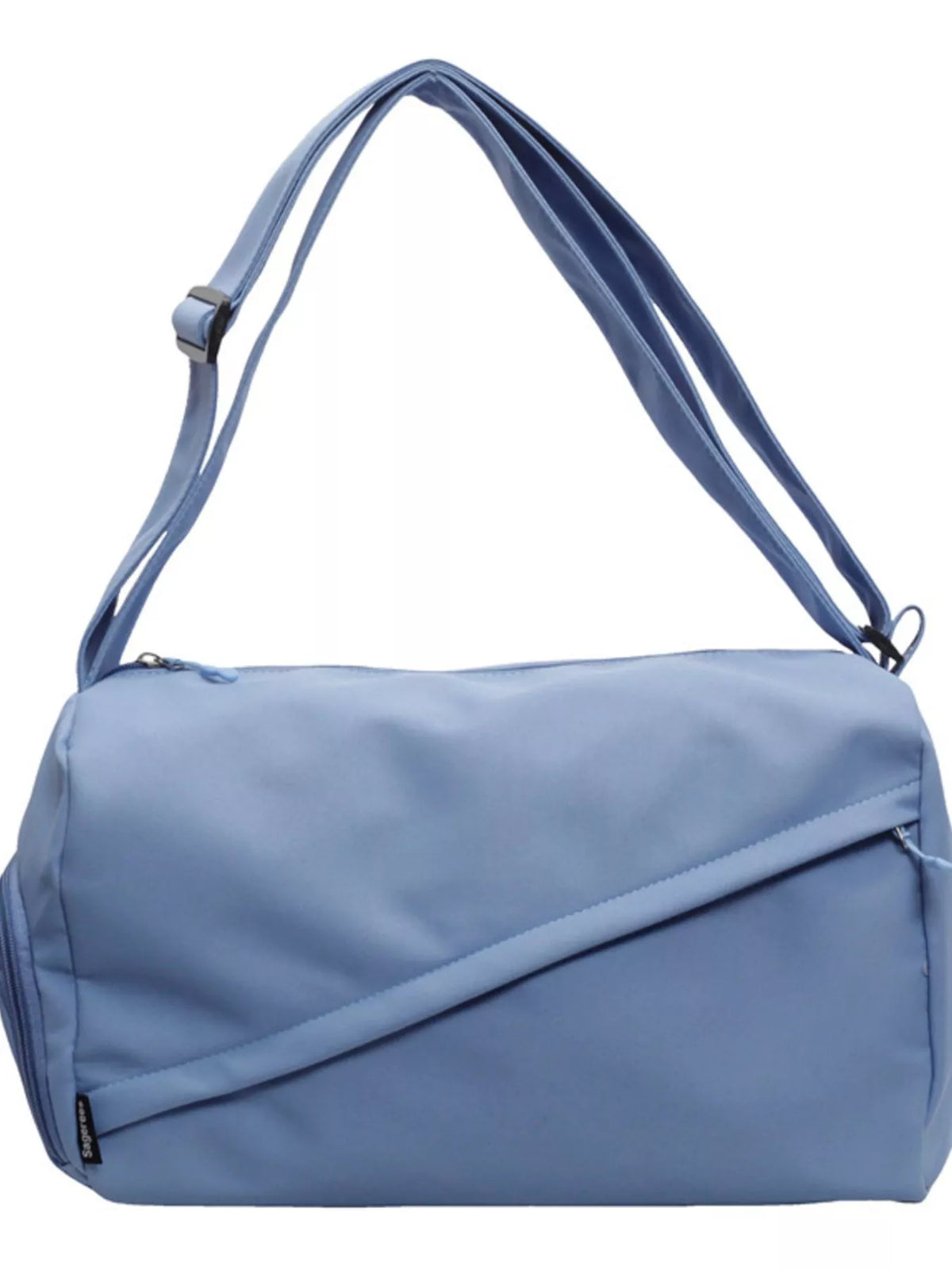Blue duffel bag with adjustable shoulder strap and zipped front pocket, product view