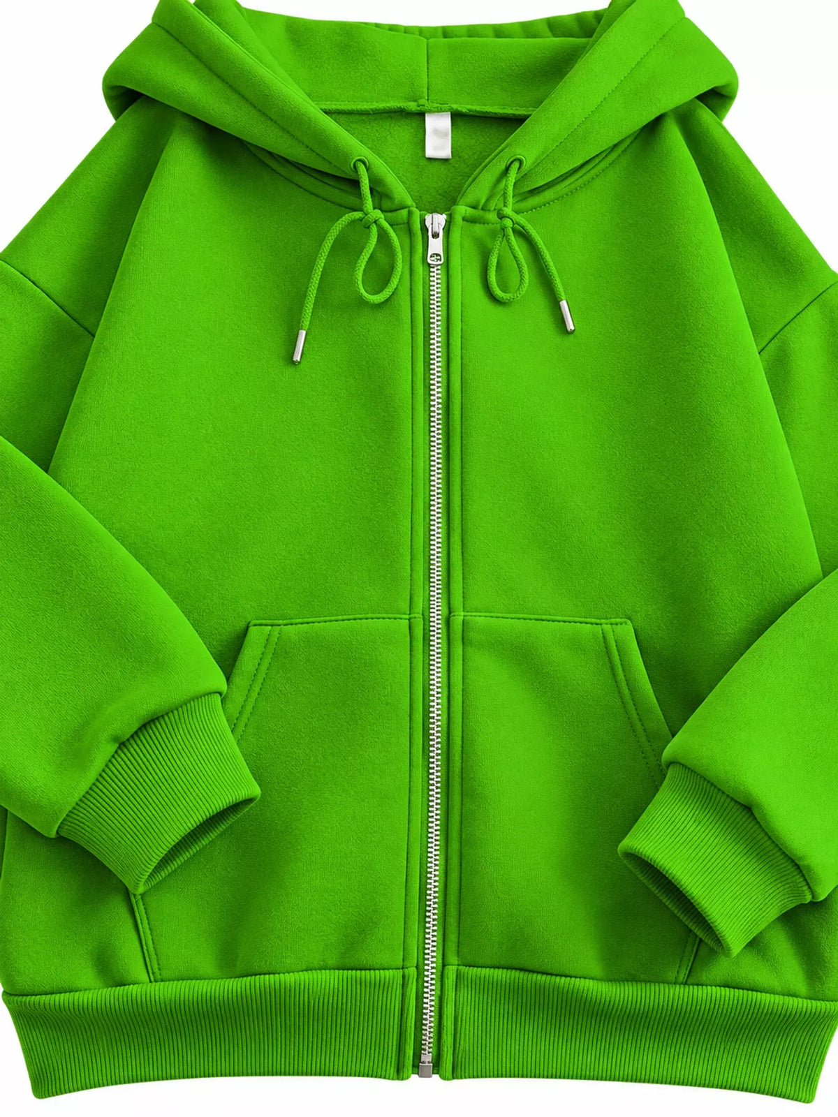 Close-up view of bright green hoodie zipper, drawstrings, cuff and pocket