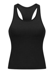 Black ribbed racerback tank shown flat from the front