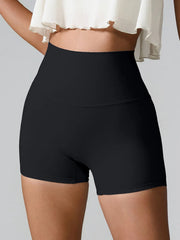 Front view of black high-waist fitted active shorts.