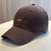 Brown cotton baseball cap with small Hello embroidery on front