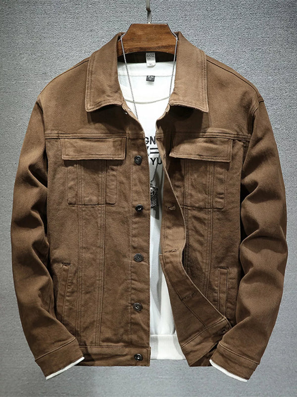 Brown corduroy-style jacket on a hanger, front view
