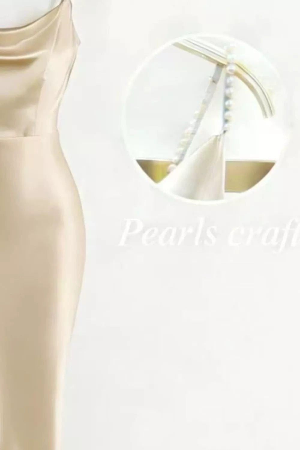 Close detail of pearl shoulder strap against the cream satin dress.