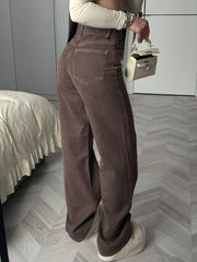 Rear three-quarter view of brown wide-leg jeans