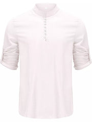 Black short-sleeve shirt with short button placket on hanger