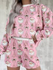 Women's Christmas Santa-Print Top & Shorts Lounge Set: Pink Santa-print lounge set showing the top and shorts together.