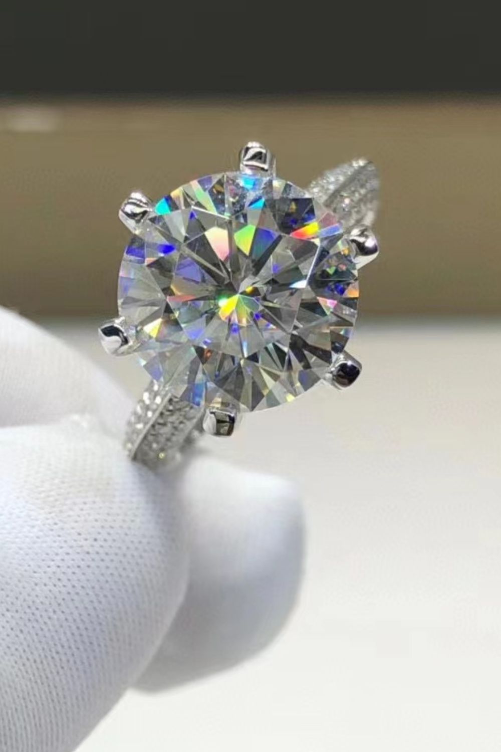 5 carat moissanite 6-prong ring in platinum-plated 925 sterling silver with zircon accents, back view