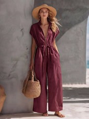 Women's zip-front wide-leg jumpsuit, burgundy front view