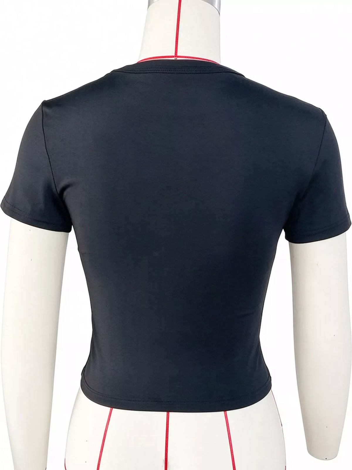 Black short-sleeve crew-neck cropped T-shirt, front view on model