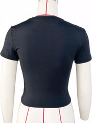Black short-sleeve crew-neck cropped T-shirt, front view on model