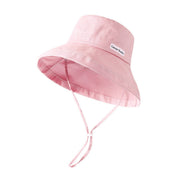 Pink wide-brim sun hat shown from below with its chin tie.