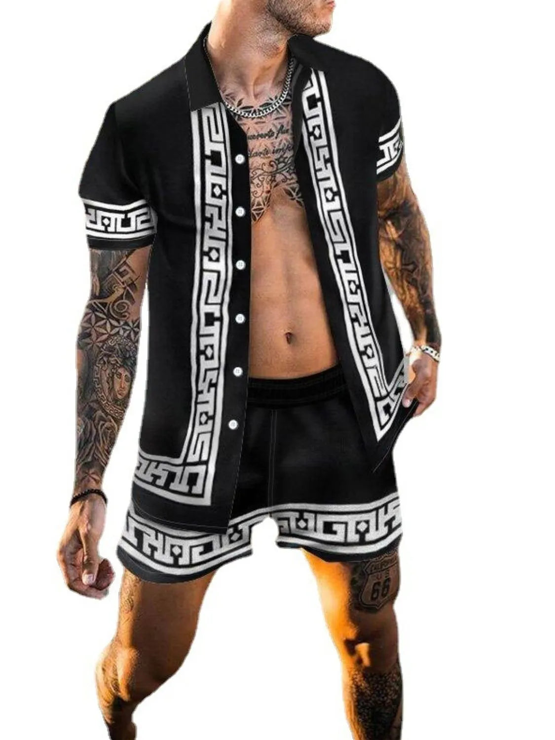 Black geometric-trim shirt and matching shorts, cutout view