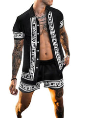 Black geometric-trim shirt and matching shorts, cutout view