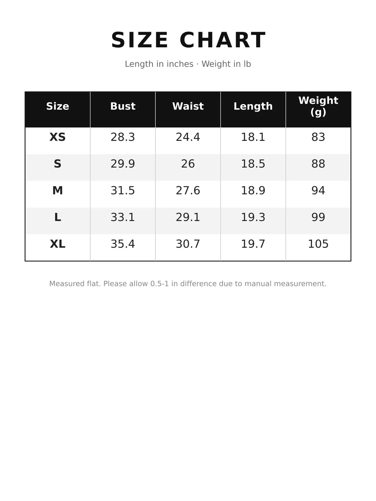 Size chart showing shirt measurements by size, XS through XL.