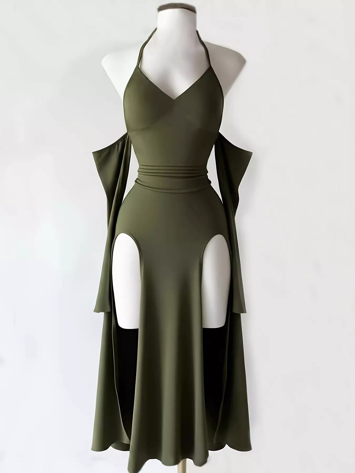 Back view of wine-red halter bodycon dress with tie detail