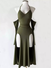 Back view of wine-red halter bodycon dress with tie detail