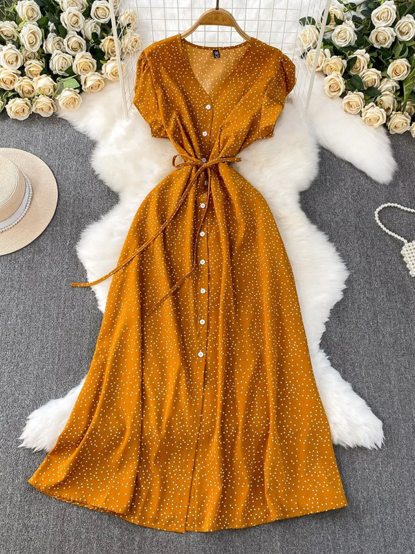 Polka-dot button-down dress with tie waist, front view