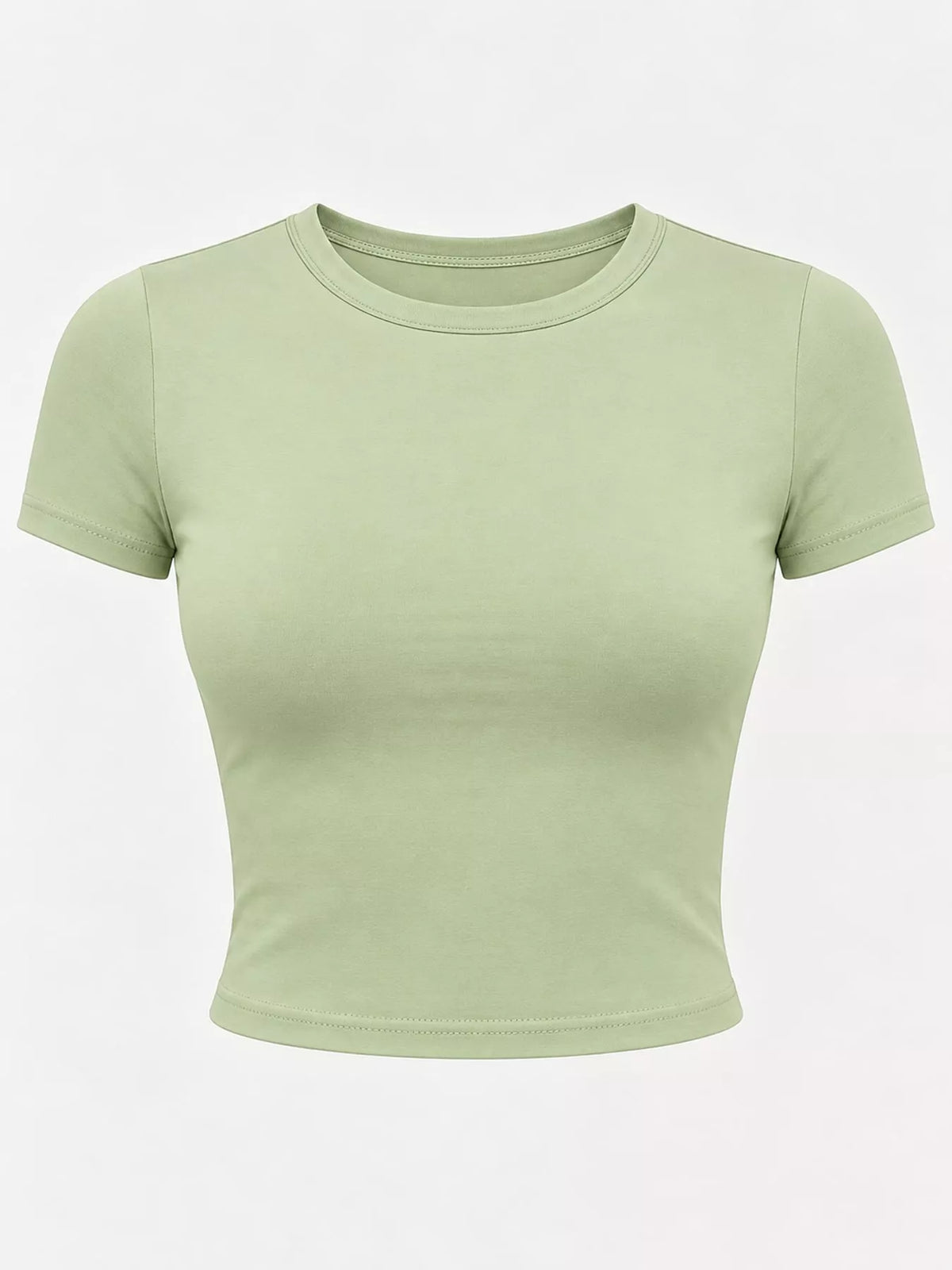 Pale green short-sleeve crop T-shirt, front view.