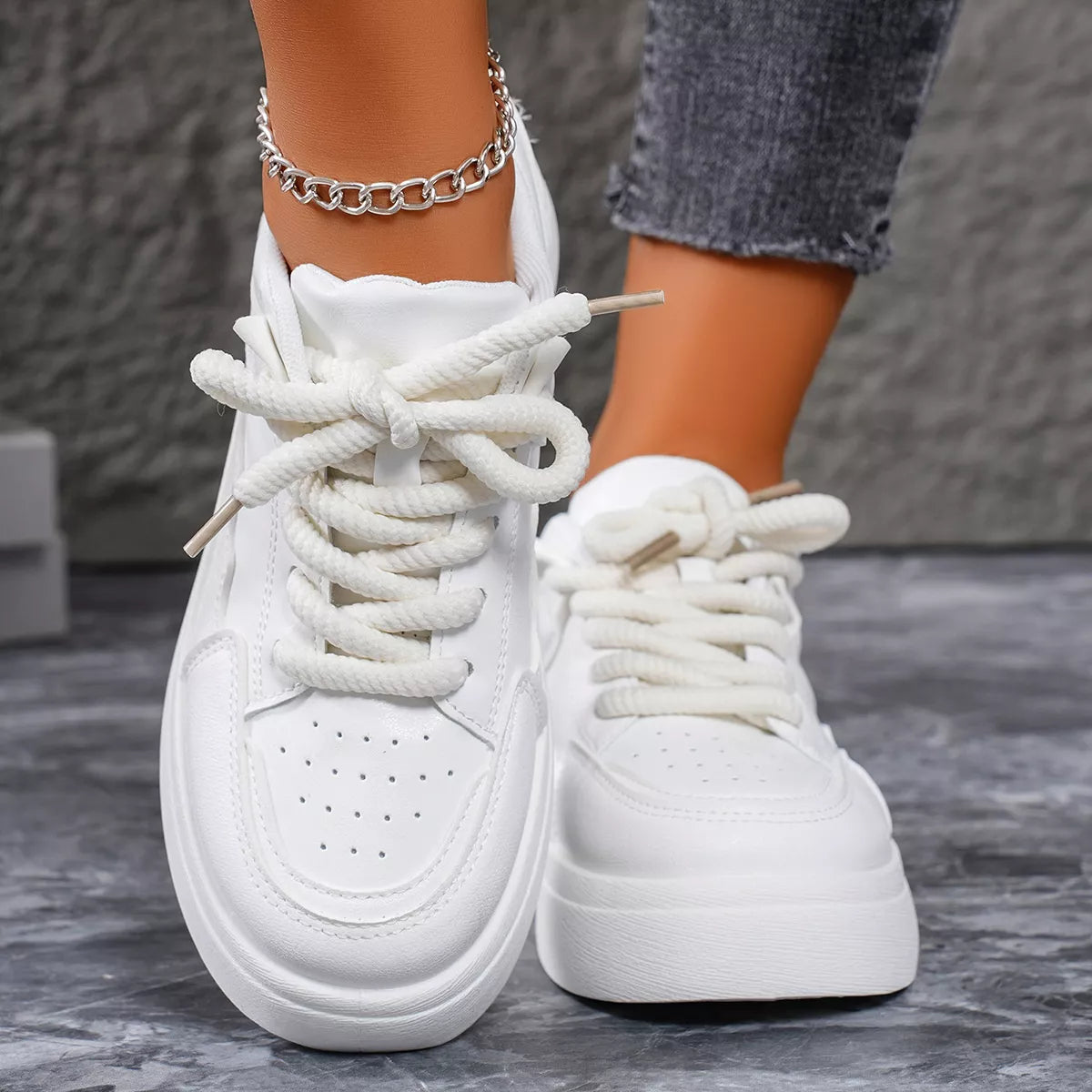 White platform sneakers viewed from above
