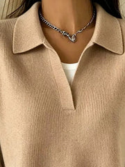 Light gray ribbed polo sweater modeled, front view