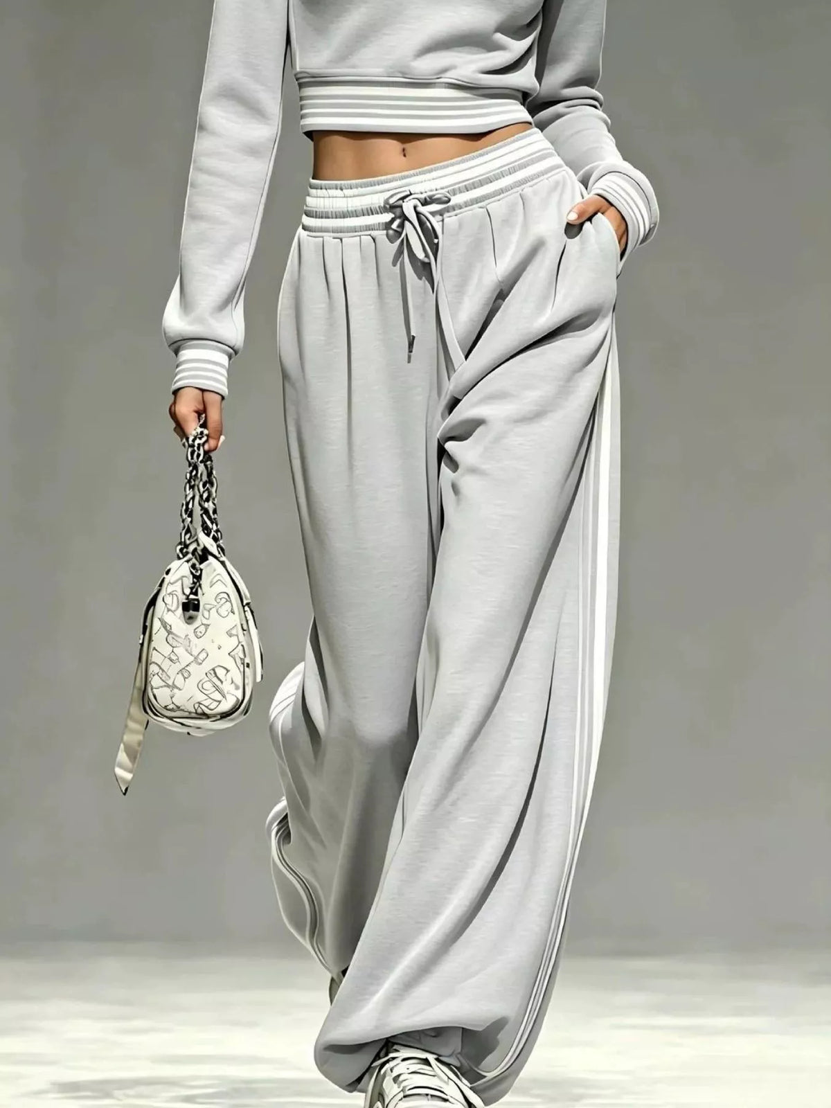 Close detail of light gray half-zip cropped sweatshirt and matching pants with striped cuffs and drawstring waist