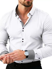 Model wearing white slim-fit shirt with contrast collar and button details