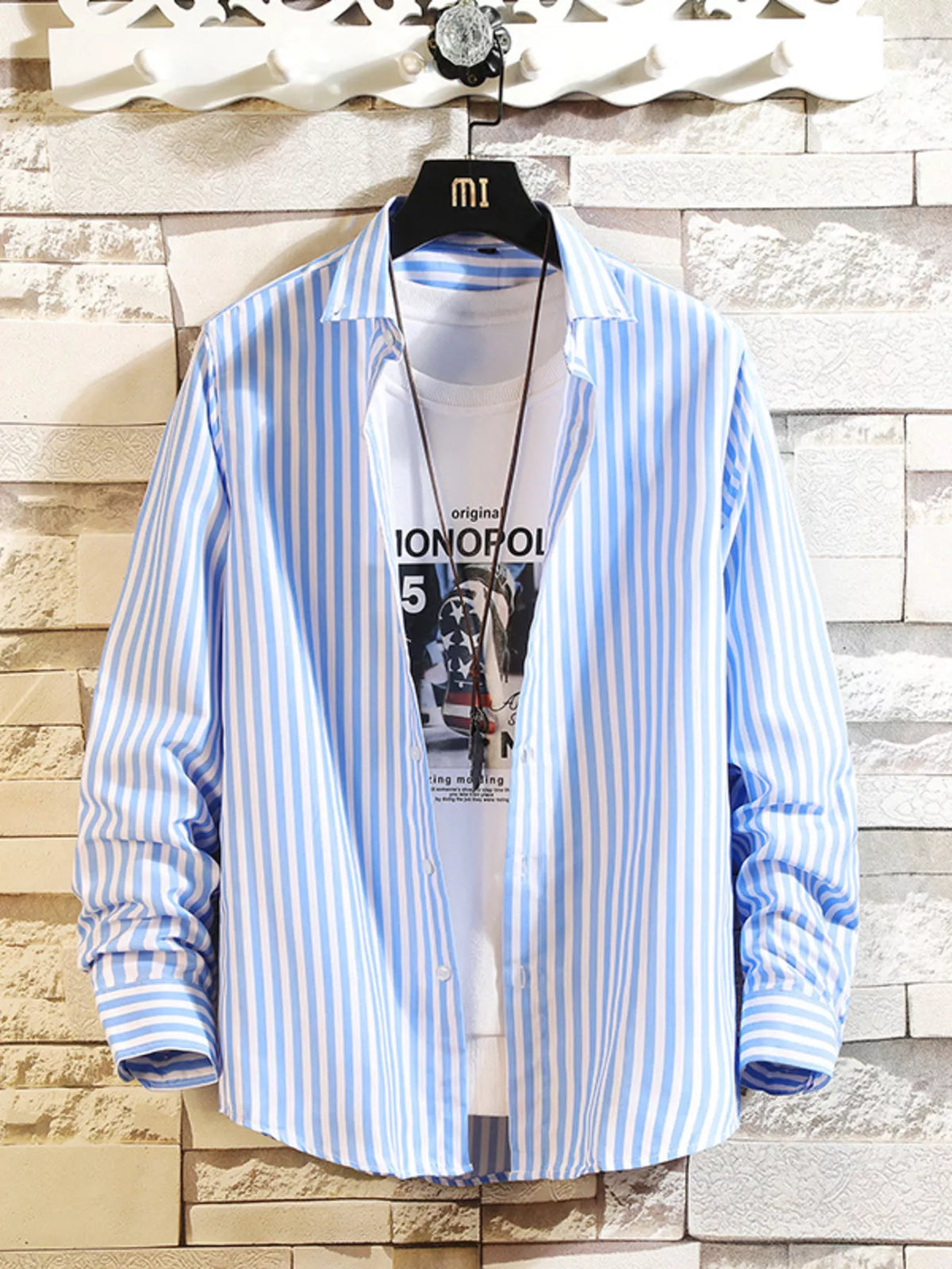 Light blue-and-white vertically striped button-up shirt, front view
