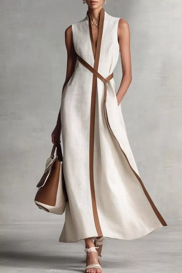 White sleeveless contrast-trim midi dress, front view