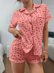 Pink heart-print button-down pajama shirt and matching shorts, front view