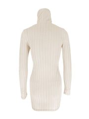 Front view of gray ribbed turtleneck dress