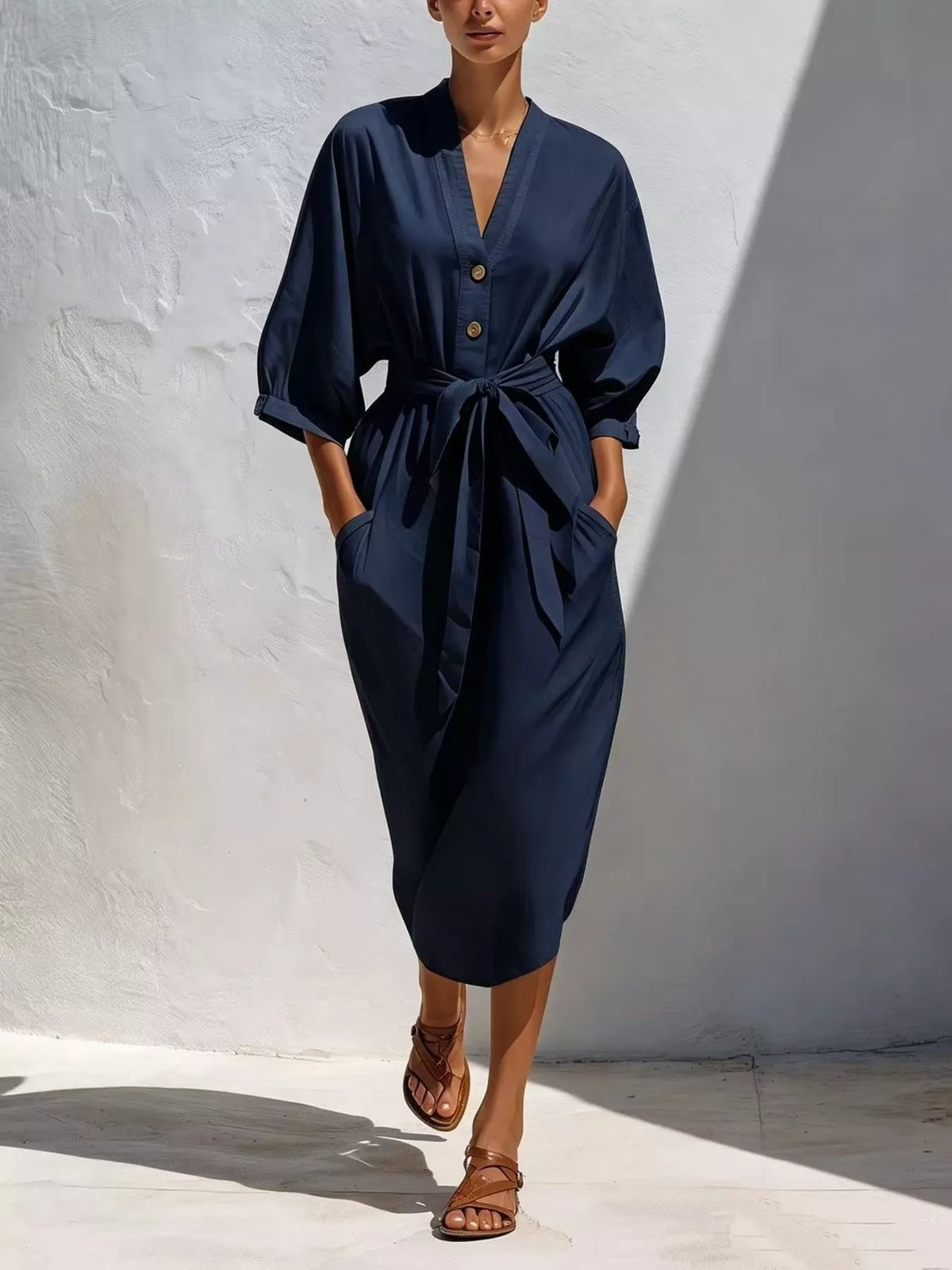Navy button-front midi dress with self-tie waist